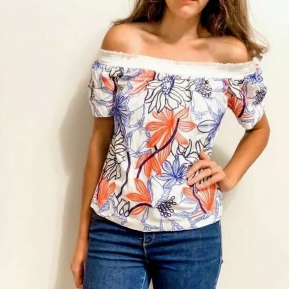 Skies Are Blue Embroidered Floral Off The Shoulder Top (S)